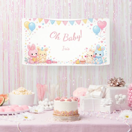 Oh Baby Woodland Cute Bunny Pastel Baby Shower 横断幕 (パーティー)