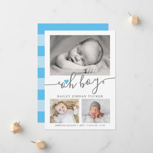 Oh Boyスクリプトスカイブルーハートフォトコラージュ誕生 案内状 (正面/裏面インサイチュ)