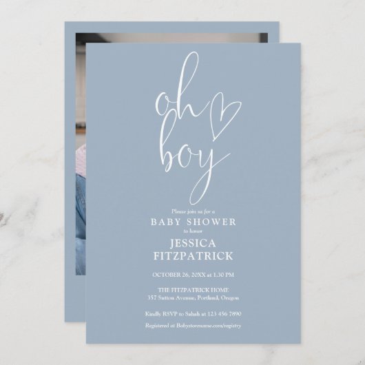 Oh Boyハートほこりっぽいブルーボーイフォトベビーシャワー 招待状 (正面/裏面)