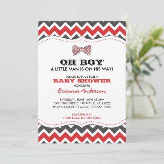 OH BOYボウタイベビーシャワー招待状/赤灰色 招待状 (スタンド正面)