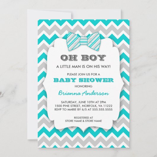 OH BOYボウタイ赤ちゃんシャワー/ターコイズグレーシェブロン 招待状 (正面)