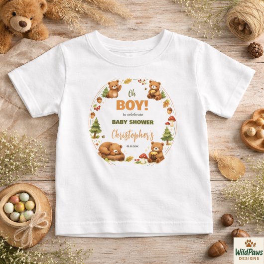 Oh Boy ウォーターカラー 森のくま ベビーシャワー ベビーTシャツ