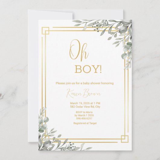 Oh Boy エレガント Greenery & Baby Shower 招待状 (正面)