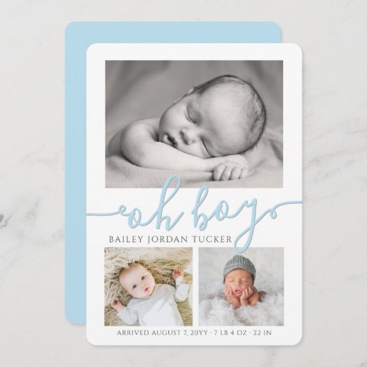 Oh Boy シンプル Collage写真誕生のお知らせ 案内状 (正面/裏面)