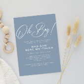 Oh Boy モダン Script Dusty Blue Baby Shower 招待状