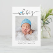 Oh Boy モダン Script Sky Blueハート2 – 写真誕生 案内状 (スタンド正面)