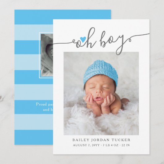 Oh Boy モダン Script Sky Blueハート2 – 写真誕生 案内状 (正面/裏面)