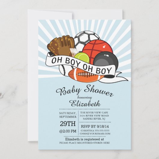 Oh Boy モダン Sports Boys Baby Shower 招待状 (正面)