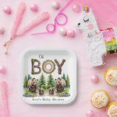Oh Boy：森の木のタイポグラフィベビーシャワー ペーパープレート (パーティー)