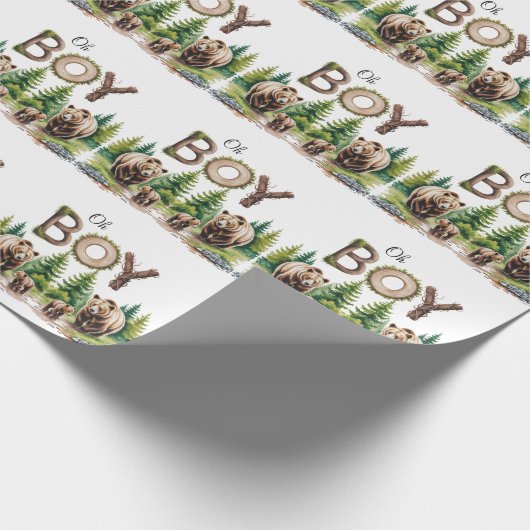 Oh Boy：森の木のタイポグラフィベビーシャワー ラッピングペーパー (角)