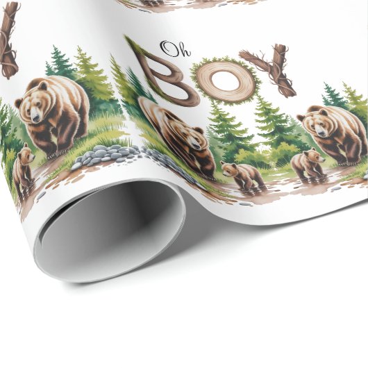 Oh Boy:森の木のタイポグラフィベビーシャワー ラッピングペーパー (ロールコーナー)