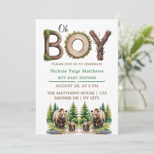Oh Boy：森の木のタイポグラフィベビーシャワー 招待状 (スタンド正面)