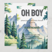 Oh Boy 水彩画 森の山 ベビーシャワー 招待状 (正面/裏面)