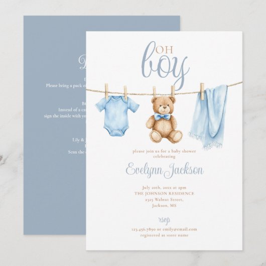 Oh Boy 洗濯ひも ベビーシャワー オールインワン 招待状 (正面/裏面)