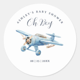 Oh Boy! Adventure Awaits Airplane Boy Baby Shower ラウンドシール