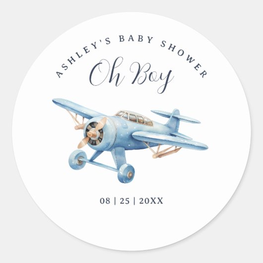 Oh Boy! Adventure Awaits Airplane Boy Baby Shower ラウンドシール (正面)