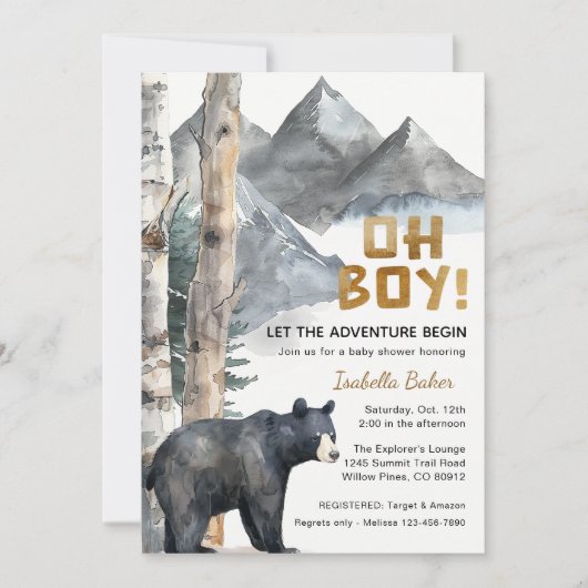 Oh Boy Adventure Begin | Bear & Birch Baby Shower 招待状 (正面)