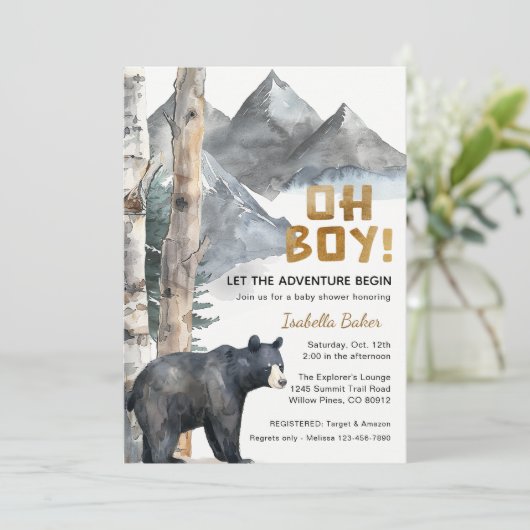 Oh Boy Adventure Begin | Bear & Birch Baby Shower 招待状 (スタンド正面)