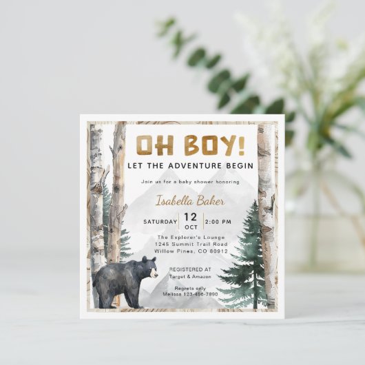 Oh Boy Adventure Begin | Square Bear Baby Shower 招待状 (スタンド正面)
