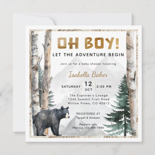 Oh Boy Adventure Begin | Square Bear Baby Shower 招待状 (正面)