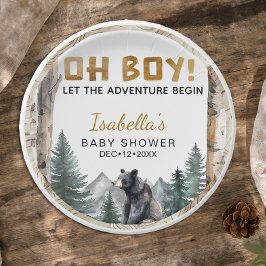 Oh Boy Adventure Begin | Woodland Bear Baby Shower ペーパープレート