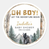 Oh Boy Adventure Begin | Woodland Bear Baby Shower ラウンドシール (正面)