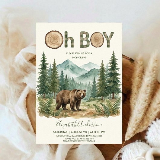 Oh Boy Adventure Woodland Bear Baby Shower 招待状