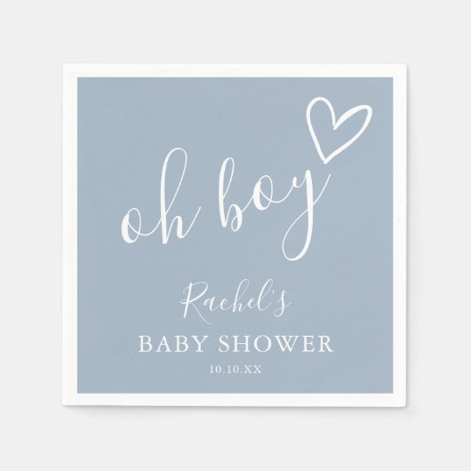 Oh Boy Baby Cute Heart Dusty Blue Baby Shower スタンダードカクテルナプキン (正面)