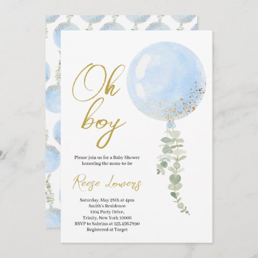 Oh Boy Baby Shower 招待状 (正面/裏面)