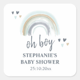 Oh Boy Baby Shower Blue Boho Rainbow Squareステッキ スクエアシール
