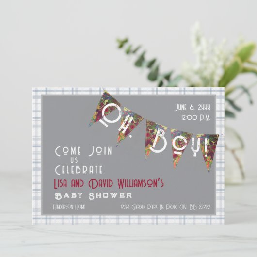Oh, Boy baby shower blue plaid Bunting  Invitation 招待状 (スタンド正面)