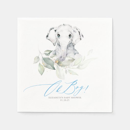 Oh Boy Baby Shower Elephant Greenery スタンダードカクテルナプキン (正面)