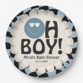 Oh Boy Baby Shower Groovy Blue Happy Face ペーパープレート