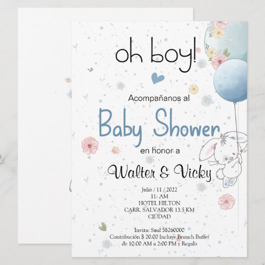 Oh boy! baby shower lindo conejito 招待状 (正面/裏面)