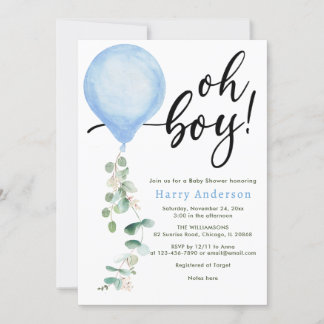 Oh Boy balloon greenery eucalyptus baby shower Inv 招待状