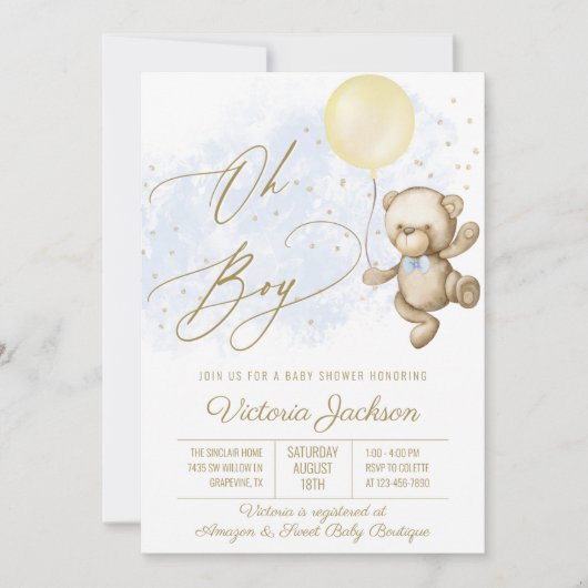 Oh Boy Bear Balloon Baby Shower 招待状 (正面)