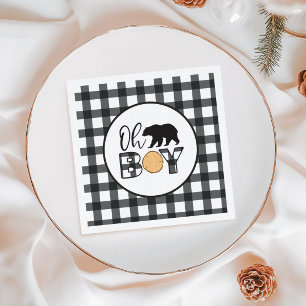 Oh Boy Bear black Buffalo Plaid Baby Shower スタンダードカクテルナプキン