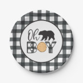 Oh Boy Bear black Buffalo Plaid Baby Shower ペーパープレート (正面)
