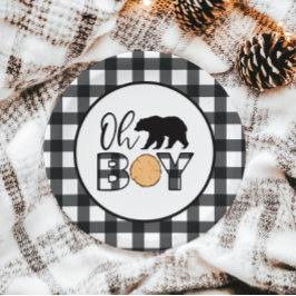Oh Boy Bear black Buffalo Plaid Baby Shower ペーパープレート