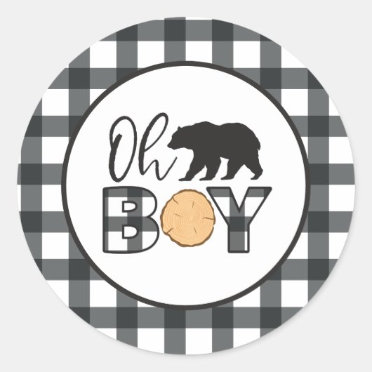 Oh Boy Bear black Buffalo Plaid Baby Shower ラウンドシール (正面)