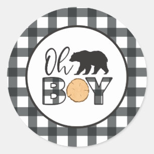 Oh Boy Bear black Buffalo Plaid Baby Shower ラウンドシール