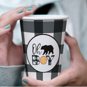 Oh Boy Bear black Buffalo Plaid Baby Shower 紙コップ