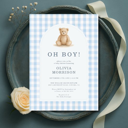 Oh Boy Bear Blue Gingham Baby Shower 招待状