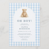Oh Boy Bear Blue Gingham Baby Shower 招待状 (正面)