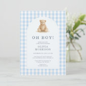 Oh Boy Bear Blue Gingham Baby Shower 招待状 (スタンド正面)