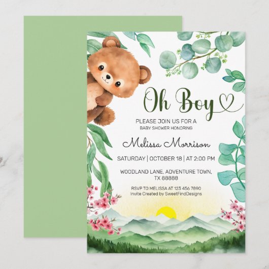 Oh Boy Bear Summer Baby Shower 招待状 (正面/裏面)