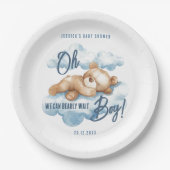 Oh Boy Bearly Wait Bear Blue Clouds Baby Shower ペーパープレート (正面)