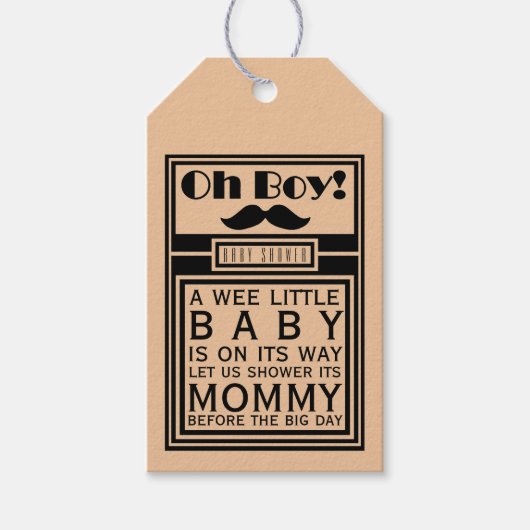 Oh Boy Black Mustache Baby Shower ギフトタグ (正面)