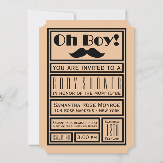 Oh Boy Black Mustache Baby Shower 招待状 (正面)