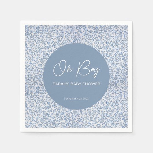 Oh Boy Blue and White Baby Showerフローラルパターン スタンダードカクテルナプキン (正面)